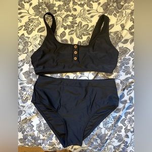 Black Henley style bikini with high waisted bottoms, new in packaging